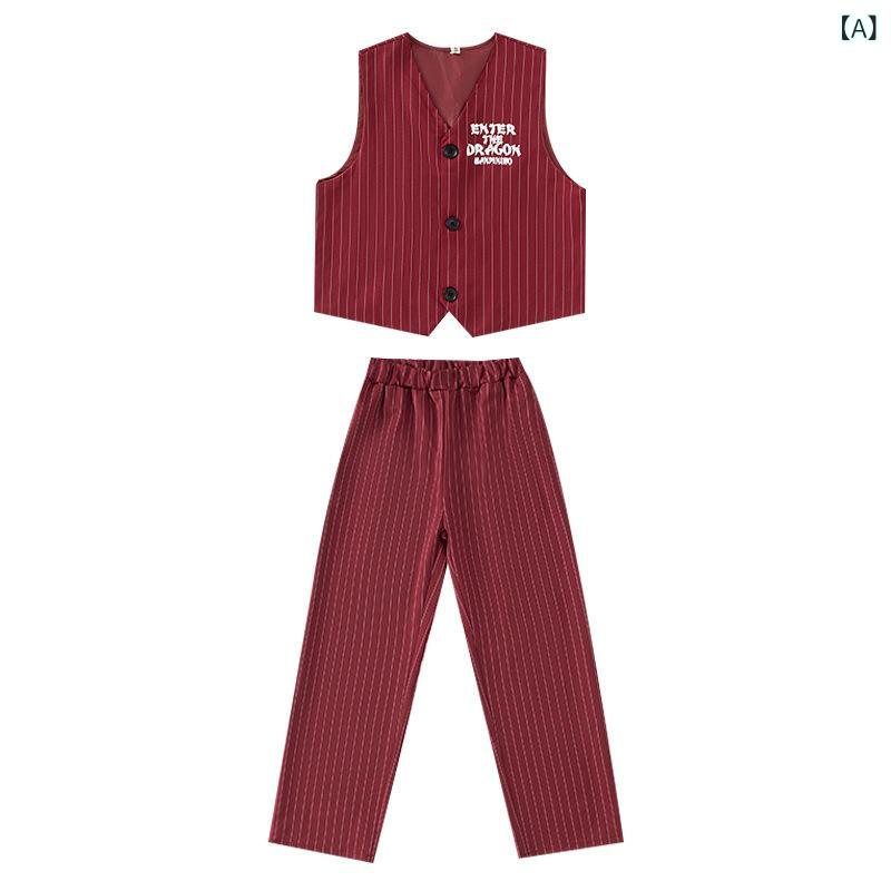 キッズ ダンス服 男の子 女の子 ストリートダンス ポッピング ロッキング セット ワインレッド スーツ ベスト ステージ コットン 柔らかい 素材 オールシーズン ファッション