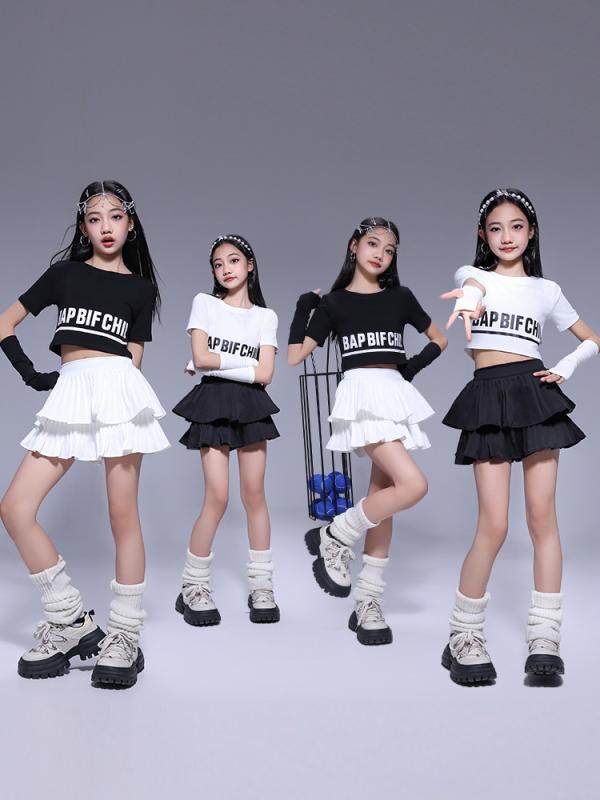 ダンス衣装 子供 男の子 女の子 ジャズダンス ヒップホップ ストリートダンス チアリーダー 半袖トップス ミニスカート セット 黒 白 ポリエステル オールシーズン 柔らかい 韓国 トレンド 練習用 表演服