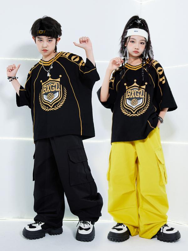 ダンス服 男の子 女の子 ストリートダンス ヒップホップ キッズ セット Tシャツ 長ズボン 綿 柔らか スクールスタイル オールシーズン 黒 黄 演出 街舞 パフォーマンス 潮服 普段使い