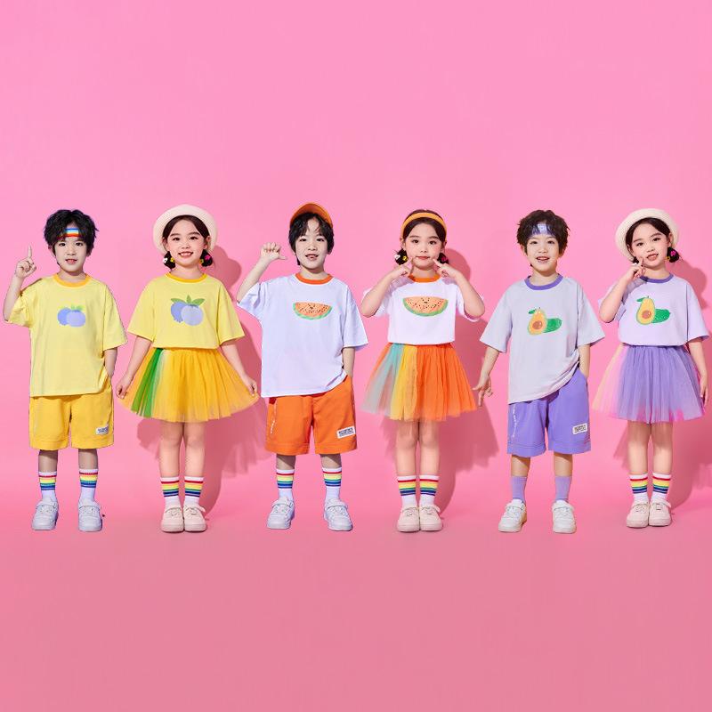 キッズ ダンス衣装 男の子 女の子 幼稚園 小学生 ララチーム 合唱 演出 セット ヒップホップ ストリートダンス 夏 コットン フルーツ柄 白 黄 紫 かわいい プリント チュールスカート ショーツ ヘッドバンド レッグウォーマー