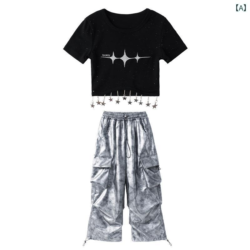 キッズ ダンス服 男の子 女の子 ストリートダンス セット ヒップホップ スタイル 夏 綿 柔軟 素材 黒 銀 クロップトップ タイダイ カーゴパンツ クール トレンド 練習 演出 衣装