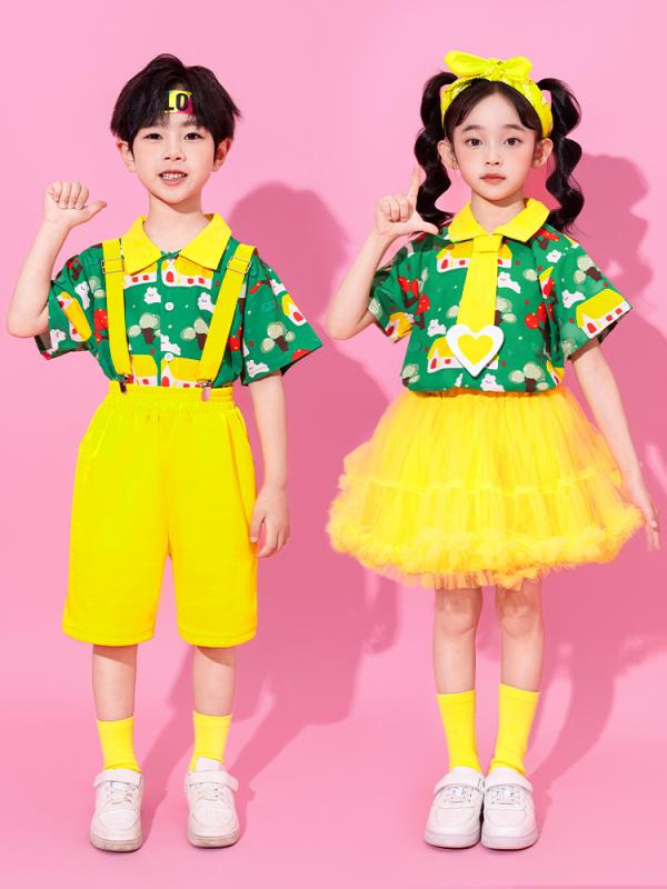 パフォーマンス衣装 子供 男の子 女の子 卒業式 幼稚園 小学生 合唱 ダンス 半袖 かわいい 綿 柔らかい 夏 緑 黄色 花柄 田園風 甘め スタイル 普段使い 部屋着