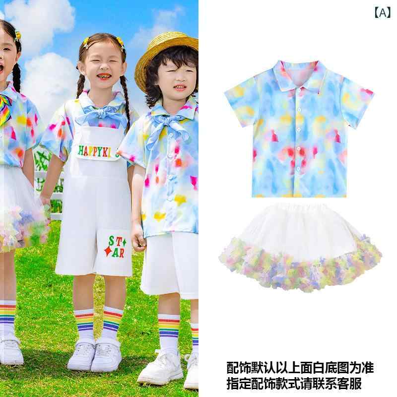 チアリーダー服 子供 男の子 女の子 半袖 綿素材 夏 青 白 シャツ セット パフォーマンス 合唱 小学生 幼稚園 練習 柔軟 運動