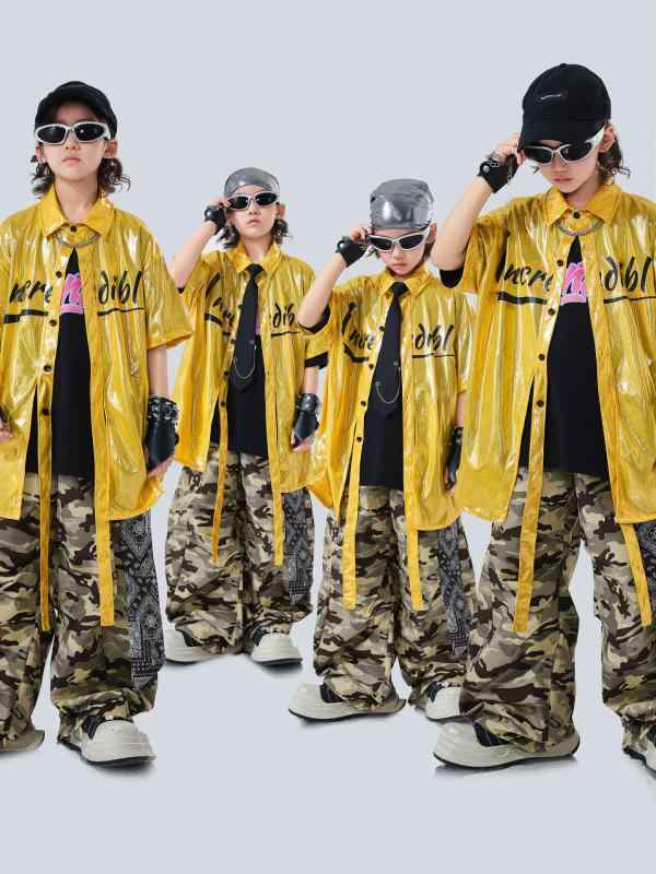 ダンス衣装 男の子 キッズ ヒップホップ ストリートファッション 夏 半袖 セット 光沢シャツ 迷彩カーゴパンツ プリント柄 酵素洗加工 クール トレンド スタイリッシュ カジュアル