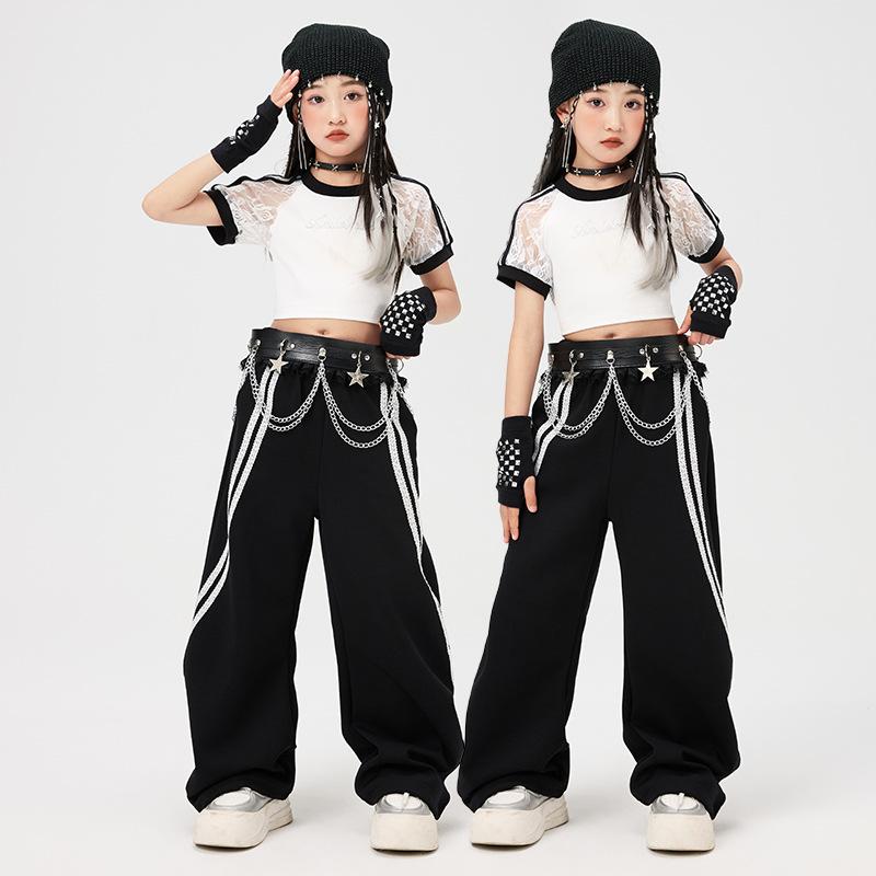 ダンス衣装 女の子 ジャズダンス ヒップホップ 子供 ステージ 衣装 レース 半袖 白 トップス 黒 ロングパンツ セット オールシーズン クール ストリート