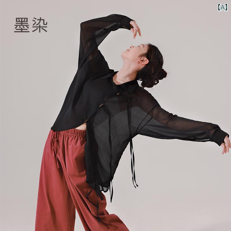 ダンス トップス レディース 現代舞 民族舞 長袖 白 フリンジ リボン 形体 練習着 シフォン ポリエステル ステージ フィットネス 伸縮性 軽量