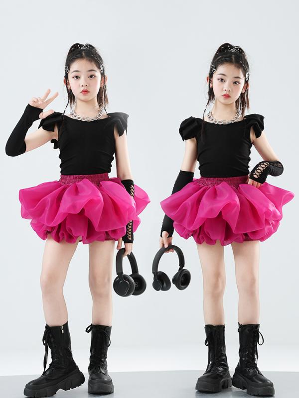 キッズ ダンス衣装 男の子 女の子 ジャズダンス ラテンダンス チュチュ セット 黒 ローズ 袖 トップス フレアスカート 韓国 柔軟 ポリエステル 伸縮性 オールシーズン ステージ 練習用 かわいい 普段使い