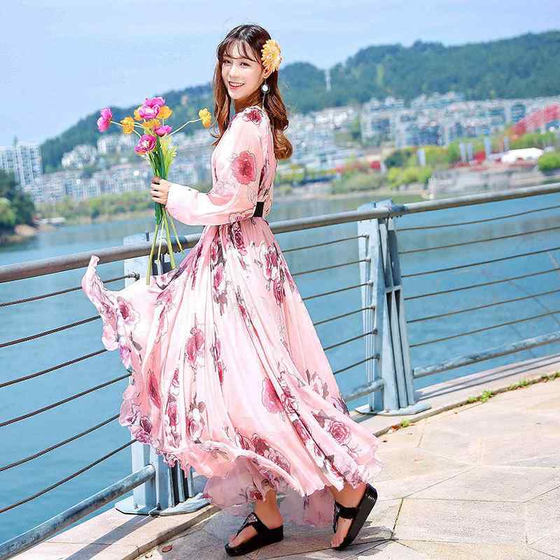 ワンピース レディース 長袖 シフォン 小花柄 ローズプリント Vネック フリル袖 ロング丈 ルーズフィット 春夏 エレガント 通勤 リゾート ビーチ かわいい 軽やか ポリエステル