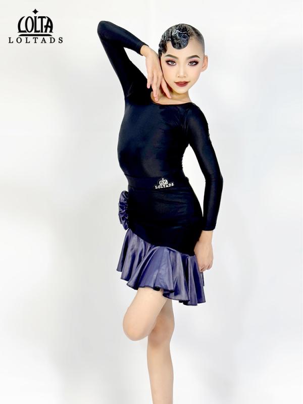 ダンスユニフォーム 女の子 子供 ラテン舞 練習着 レッスンウェア 公演衣装 ステージ衣装 パフォーマンスウェア 訓練服 セパレートセット 黒 紺 切り替え ナイロン素材 高級感 かわいい 春夏