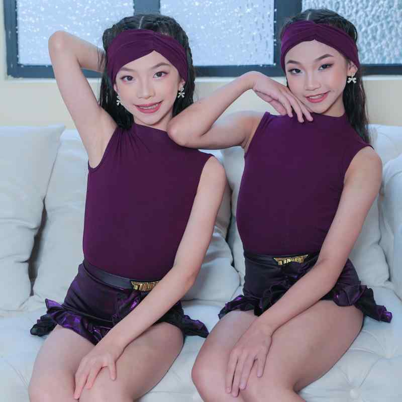 ダンス衣装 女の子 ラテン 練習服 深紫 トップス スカート セパレート セット ナイロン 中国風 レトロ プロフェッショナル 訓練 公演 春 星模様 金箔 アクセント 伸縮性