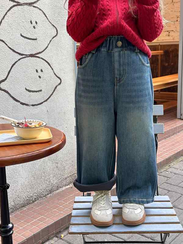こどもパンツ 男の子 女の子 冬 暖か 綿 レトロ デニム ロング 韓国 トレンド かわいい 無地 ブルー ミッドウエスト ゴムウエスト 柔らかい 普段使い
