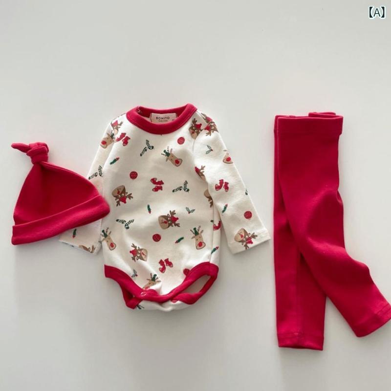 ベビー 赤ちゃん クリスマス 衣装 セット 男の子 女の子 秋冬 長袖 コットン フード 鹿柄 プリント オールインワン ロングパンツ プルオーバー トップス 赤 緑 韓国 かわいい おしゃれ