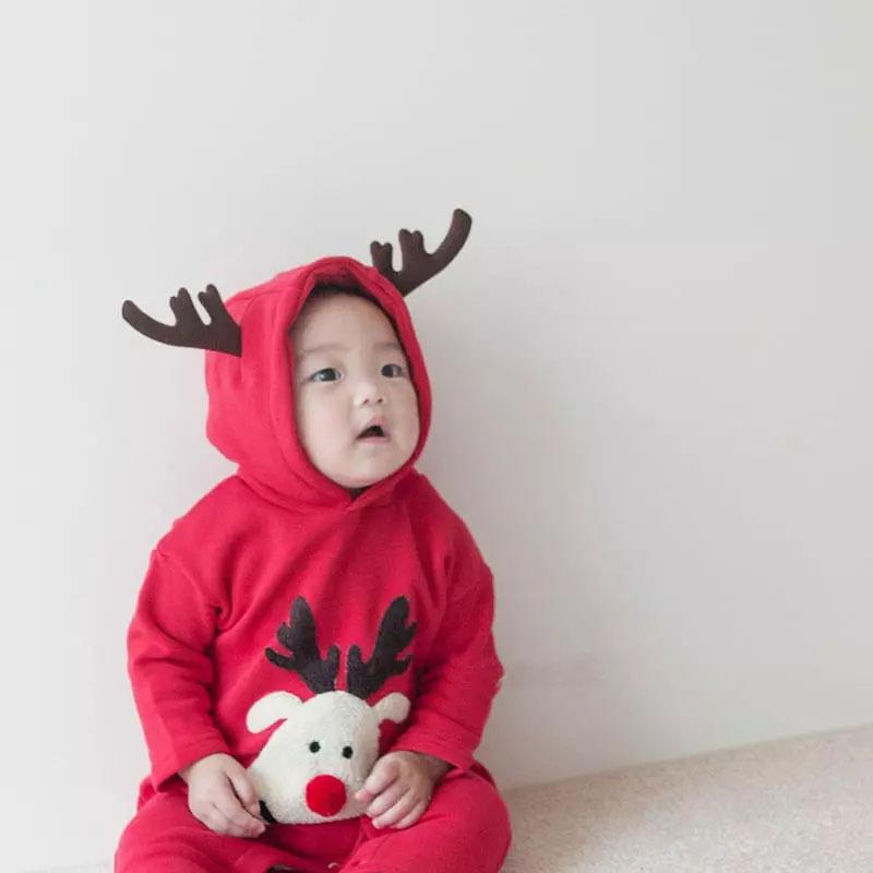 ベビー ロンパース 男の子 女の子 秋冬 韓国 クリスマス 小鹿 刺繍 長袖 フード 厚手 綿 新生児 赤ちゃん服 かわいい 室内 遊び着 爬行