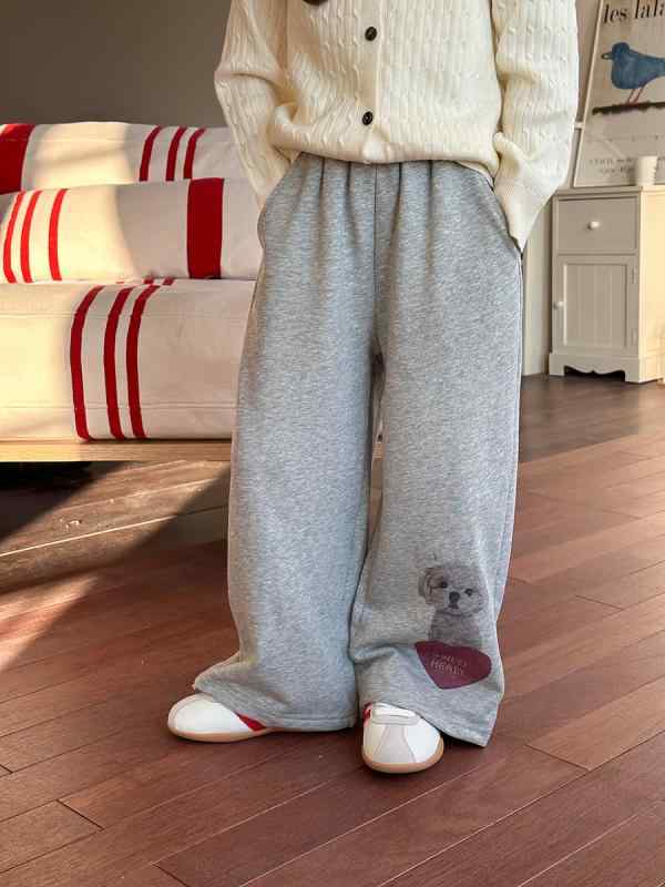 パンツ 女の子 ストレート 春 かわいい カートゥーン ハート ベア グレー 綿 柔らかい ゴムウエスト 長ズボン 普段使い 子供 カジュアル 軽量 伸縮性