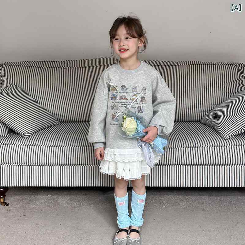 スウェット 女の子 韓国 かわいい レース裾 切り替え 立体リボン 小犬プリント 長袖 プルオーバー 春 柔らかい コットン混紡 グレー 普段使い 子供服 トレンド