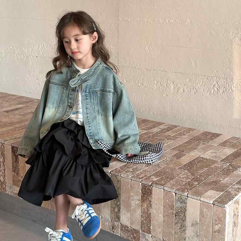 ジャケット 女の子 春 スタンドカラー デニム レトロ トレンド ウォッシュド 長袖 ボタン 無地 ブルー 綿 柔らかい 普段使い かわいい