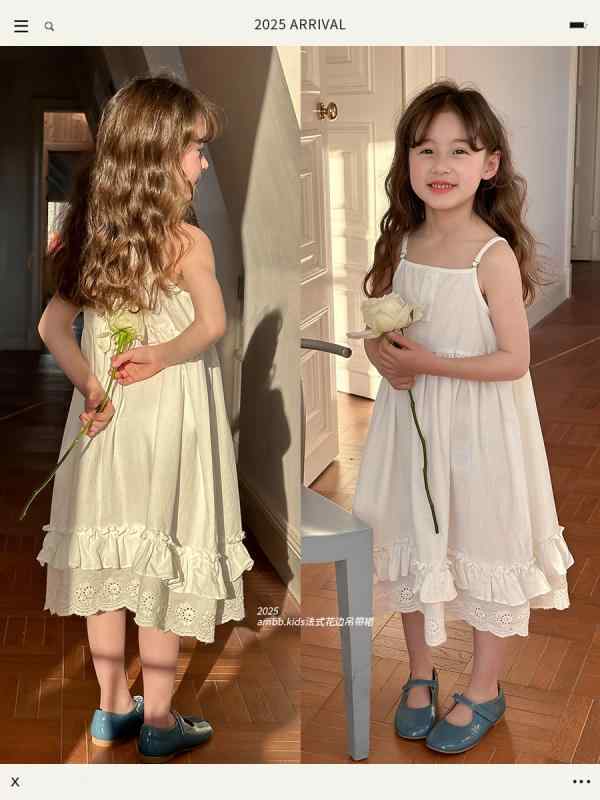 キャミワンピース 女の子 プリンセス レース フリル 春夏秋 スラブ コットン 白 無地 Aライン かわいい スイート 森ガール スタイル ナチュラル 柔らかい 子供 ドレス