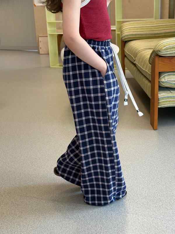パンツ 男の子 女の子 ロング ゆったり カジュアル レトロ チェック柄 ネイビー 薄手 コットン 柔らかい 防蚊 夏 ドローストリング かわいい 普段使い スタイリッシュ トレンド
