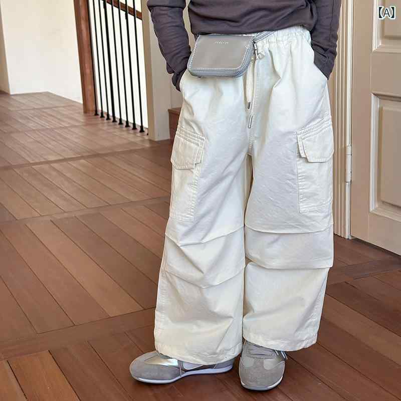 カーゴパンツ 男の子 女の子 ポケット ロングパンツ コットン素材 春秋 カジュアル 運動要素 柔軟処理 ミッドウエスト ダークグレー オフホワイト 普段使い キッズ スタイリッシュ かっこいい画像