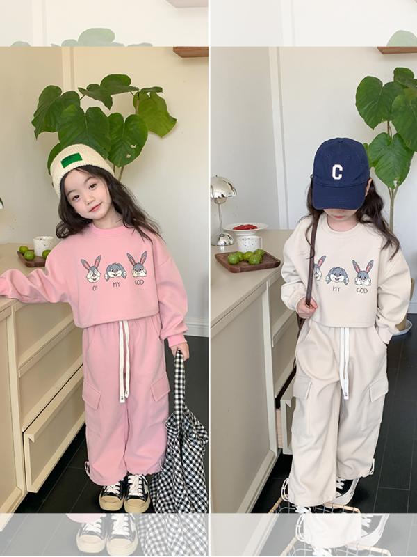 キッズ 男の子 女の子 秋 かわいい ウサギ柄 長袖 スウェット トップス 厚手 フリース ライニング 接触冷感 コットン混 カーゴパンツ ロング セット ピンク ベージュ スポーツ 普段使い