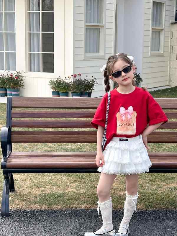 子供 Tシャツ 女の子 夏 半袖 クルーネック 蝶結び かわいい 印花 カートゥーン柄 コットン 吸湿速乾 柔らか 赤 白 中小サイズ