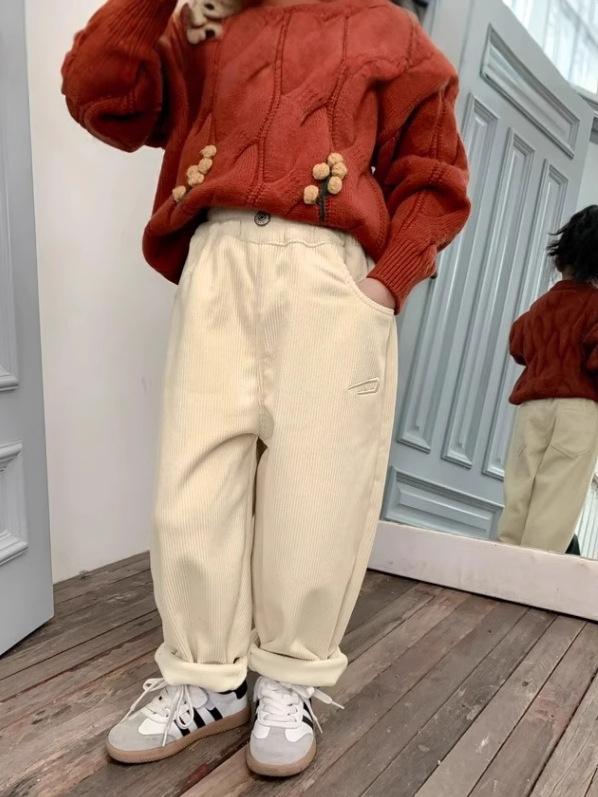 パンツ 女の子 秋冬 厚手 フリース 綿 長ズボン レジャー かわいい プリンセス 田園 トレンド ゴム腰 柔軟 ベージュ ブラウン ピンク