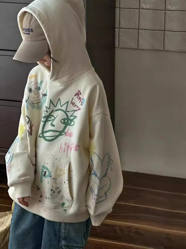 パーカー 女の子 中大 秋冬 綿 長袖 フード グラフィティ プリント かわいい 子供服 柔らかい素材 普段使い スポーツスタイル プリンセス風 オフホワイト