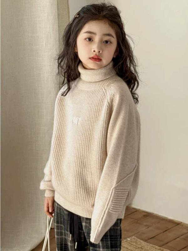 ニット 女の子 高領 セーター 秋冬 長袖 プルオーバー ウール混紡 アクリル インナー ベージュ かわいい プリンセス ガーデン トレンド 柔らかい素材 韓国スタイル ジュニアサイズ 子供服