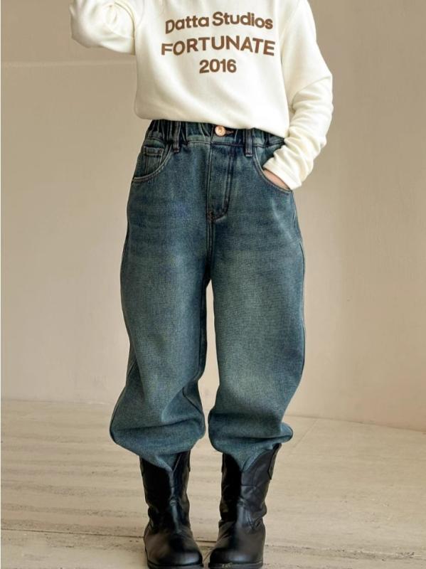 デニムパンツ 女の子 秋冬 ゆったり ストレート 長ズボン 一体フリース 裏起毛 綿 素材 柔らかい ゴムウエスト 無地 かわいい 韓国 普段使い 暖かい 子供服 トレンド イギリス風 田舎風 青