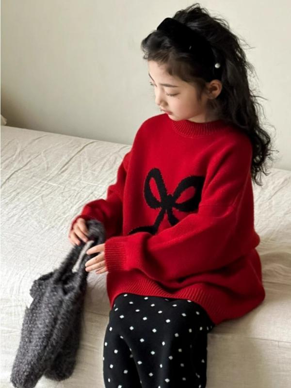 ニットセーター 女の子 赤 無地 厚手 長袖 クルーネック かわいい プリンセス リボン ガーデン 韓国 秋冬 柔らかい アクリル素材 普段使い トレンド