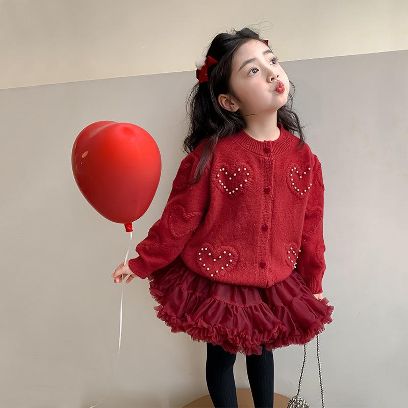女の子 ニット カーディガン プリーツ スカート セット 長袖 赤 ナイロン 柔らかい かわいい プリンセス 秋冬 子供服 普段使い