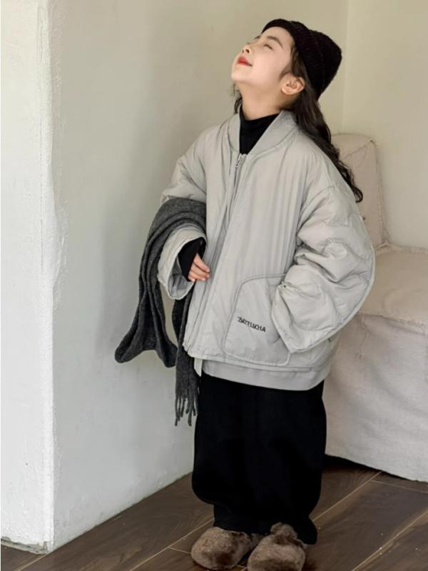 ダウンジャケット 女の子 秋冬 ダウン 暖か 野球領 開襟 ショート丈 ルーズフィット 柔らかい 厚手 長袖 ジッパー 韓国 かわいい プリンセス ガーデン トレンド ライトグレー ブラック|おうち健康生活