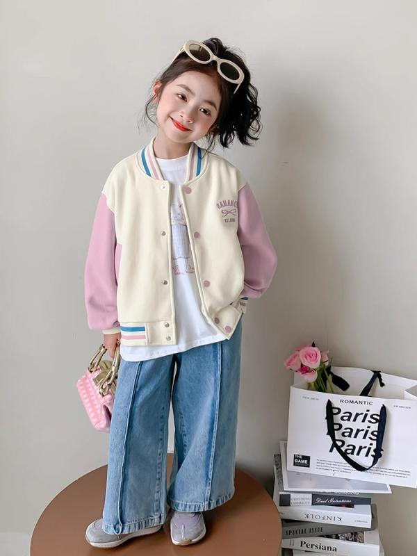 ジャケット 女の子 秋 長袖 Vネック 綿 スポーツ かわいい プリンセス トレンド おしゃれ ベージュ 短丈 柔らかい アルファベット柄 韓国 シングルボタン 普通厚