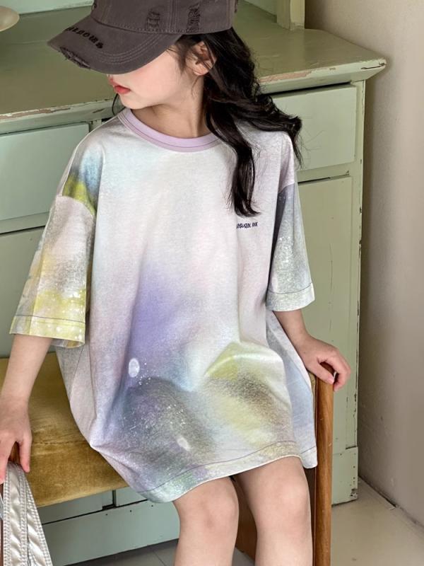 Tシャツ 女の子 夏 半袖 綿 タイダイ 浅紫 かわいい アルファベット 英国風 親子 トレンド 学校 普段使い 柔らかい 軽量 通気性 運動 登校 トップス 綿素材 半袖トップス 夏服 女の子 綿