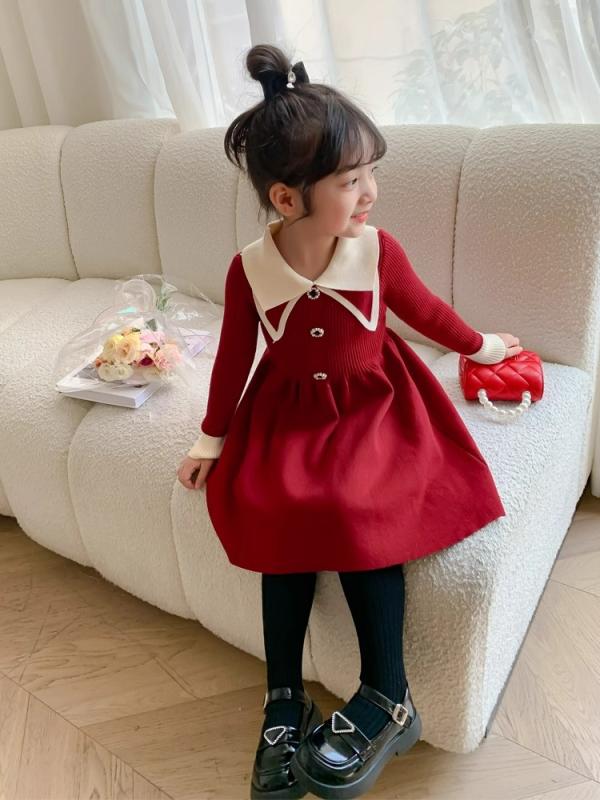 ワンピース 女の子 プリンセス 長袖 秋冬 赤 黒 ポリエステル ナイロン 柔らかい 素材 かわいい ドレス スカート 子供服 普段使い