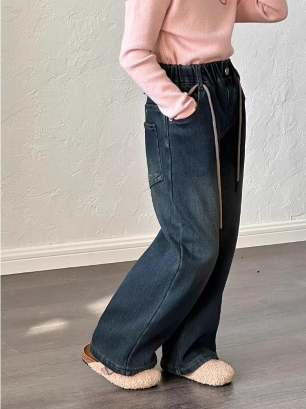 デニムパンツ 女の子 秋冬 フリース 厚手 ストレート 伸縮性 柔らかい 綿 深藍 韓国 レトロ かわいい プリンセス トレンド 子供 ロング ゴムウエスト 無地 おしゃれ 普段使い