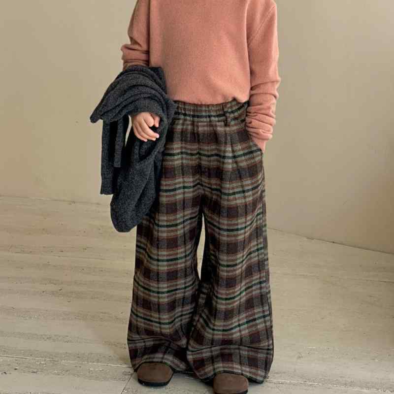 パンツ 女の子 秋冬 暖か チェック柄 毛織物 ワイドレッグ レトロ 綿 カジュアル 柔らかい かわいい ガーリー 普段使い 韓国