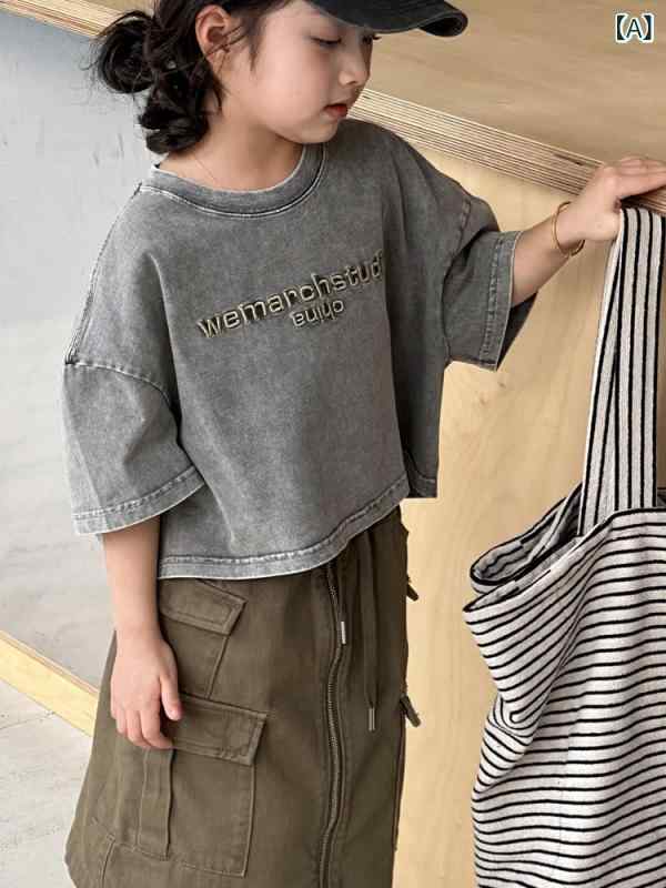 Tシャツ 女の子 半袖 春夏 ゆったり カジュアル 綿 丸首 アルファベット プリント グレー かわいい トップス 普段使い 柔らかい スポーツ 田園 プリンセス トレンド