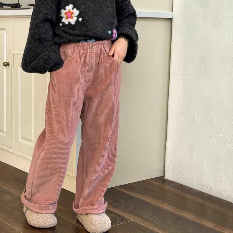 パンツ 女の子 秋冬 中小子供 綿 コーデュロイ ストレート ゆったり レジャー 柔らかい 快適 ピンク 普段使い 可愛い プリンセス風