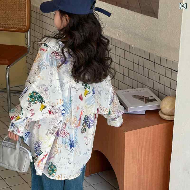 シャツ 女の子 長袖 春秋 中長丈 プリント カートゥーン柄 コットン かわいい 韓国 プリンセス キャンディー 田園風 オフホワイト トップス ブラウス 普段使い