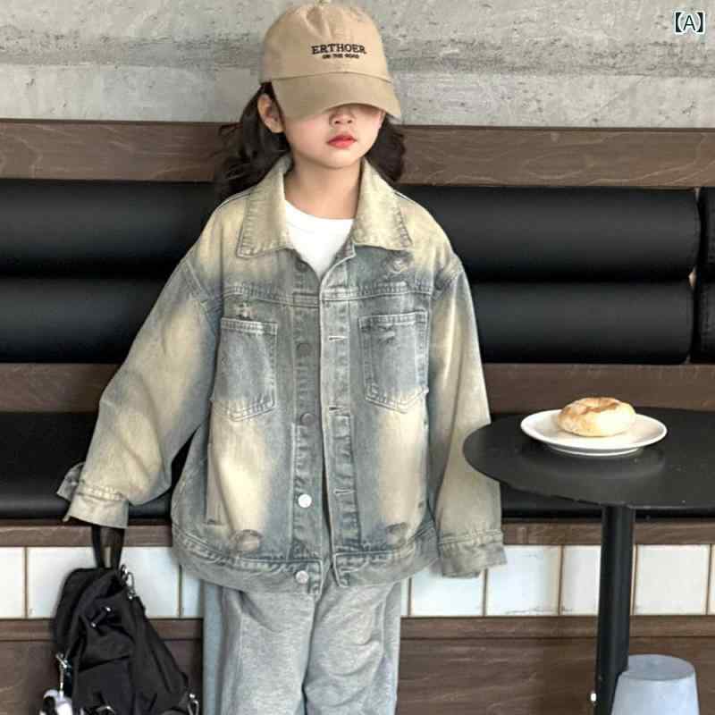 デニムジャケット 女の子 ゆったり レトロ カジュアル ウォッシュド 長袖 春 コットン かわいい プリンセス トレンド ショート丈 ブルー 普段使い 韓国 ラペル ソフト おしゃれ