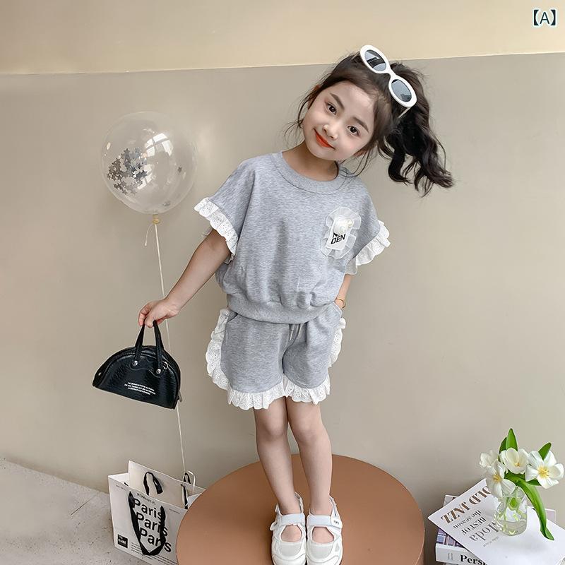 トップス ショートパンツ セット 女の子 夏 半袖 レース 綿 無地 グレー かわいい プリンセス 田園風 韓国 柔らかい 普段使い トレンド おしゃれ ガーリー ナチュラル