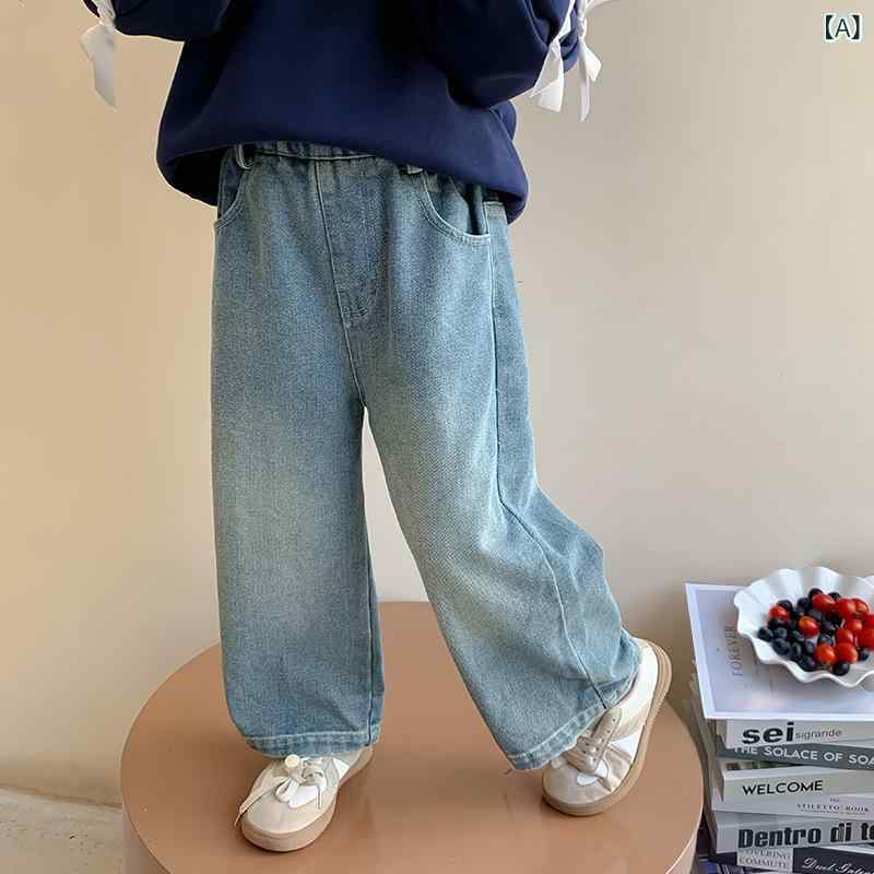デニムパンツ 女の子 秋 ワイドレッグ カジュアル ストレート ロング コットン ブルー 柔らかい 普段使い かわいい プリンセス トレンド 子供服