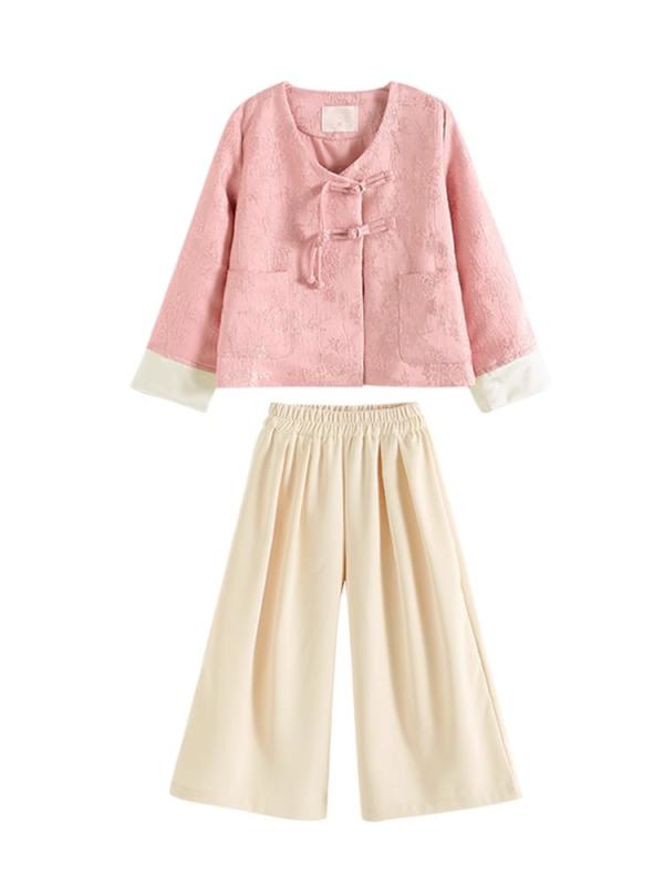 セット 女の子 秋 レトロ チャイナ風 ジャケット ワイドパンツ ピンク 無地 長袖 柔らかい ポリエステル かわいい プリンセス 韓国 トレンド 田園 普段使い