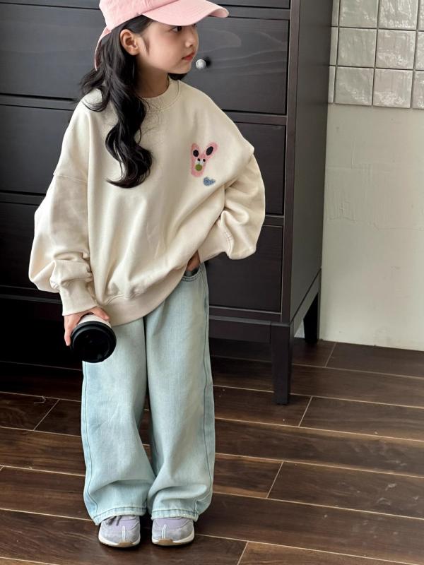 デニムパンツ 女の子 秋 ストレート ゆったり カジュアル コットン 無地 ブルー キッズ 普段使い かわいい プリンセス ガーデン トレンド 中大児童