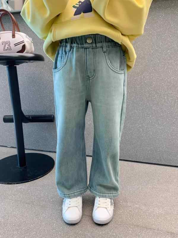 デニムパンツ 女の子 秋冬 厚手 起毛 コットン 無地 ブルー ミッドライズ ゴムウエスト カジュアル かわいい 普段使い 子供服 柔らかい 韓国