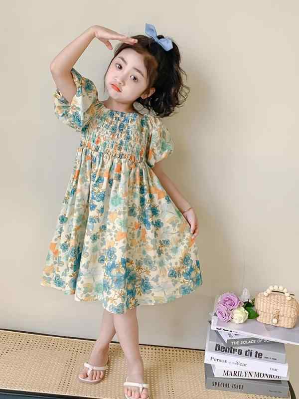 ワンピース 女の子 夏 綿 花柄 パフスリーブ Aライン プリンセスドレス かわいい 青 子供服 ガーリー 普段使い 柔らかい素材 軽やか 3歳から8歳向け