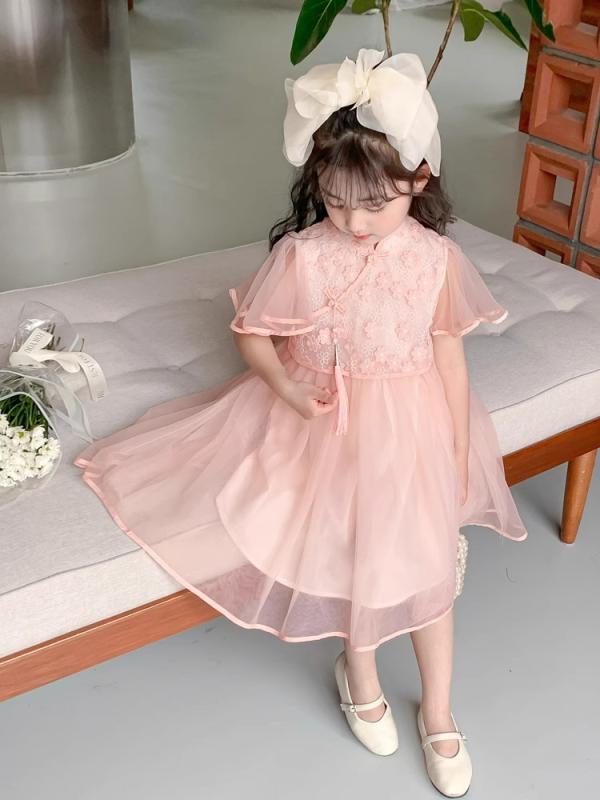 ワンピース 女の子 チャイナドレス プリンセス 夏 半袖 綿 ピンク 緑 花柄 無地 かわいい 子供服 柔らかい 軽やか 夏服 プリンセススカート