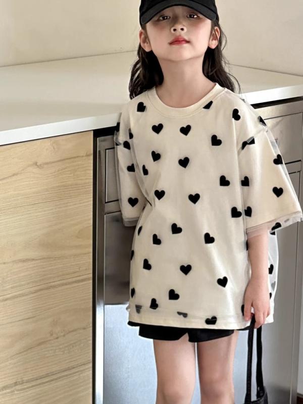 Tシャツ 女の子 半袖 夏 ハート メッシュ ゆったり かわいい プリンセス ガーデン コットン ナイロン 吸湿速乾 クルーネック ベージュ