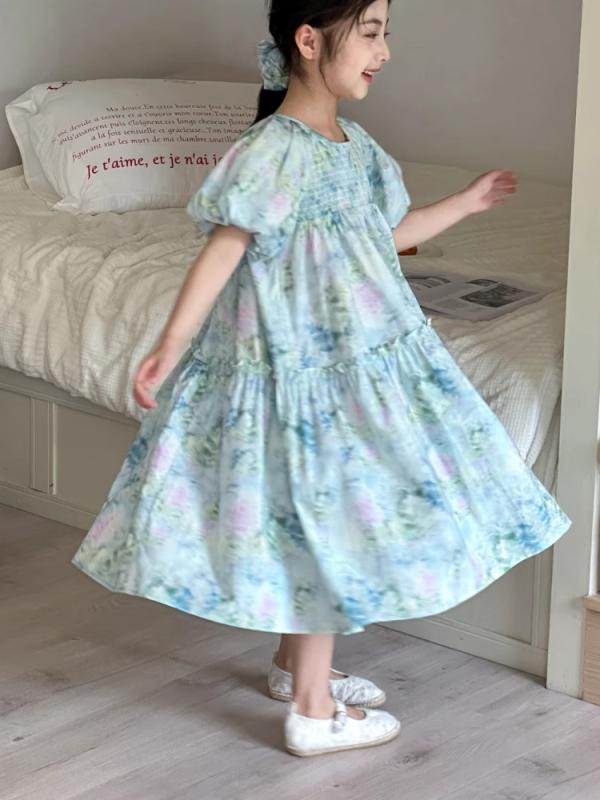 ワンピース 女の子 夏 プリンセス 花柄 パフスリーブ 半袖 ドレス 綿 素材 軽やか リゾート スタイル かわいい 淡緑